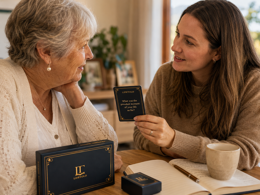 family gathering in a meal inside the house using lifetold legacy cards